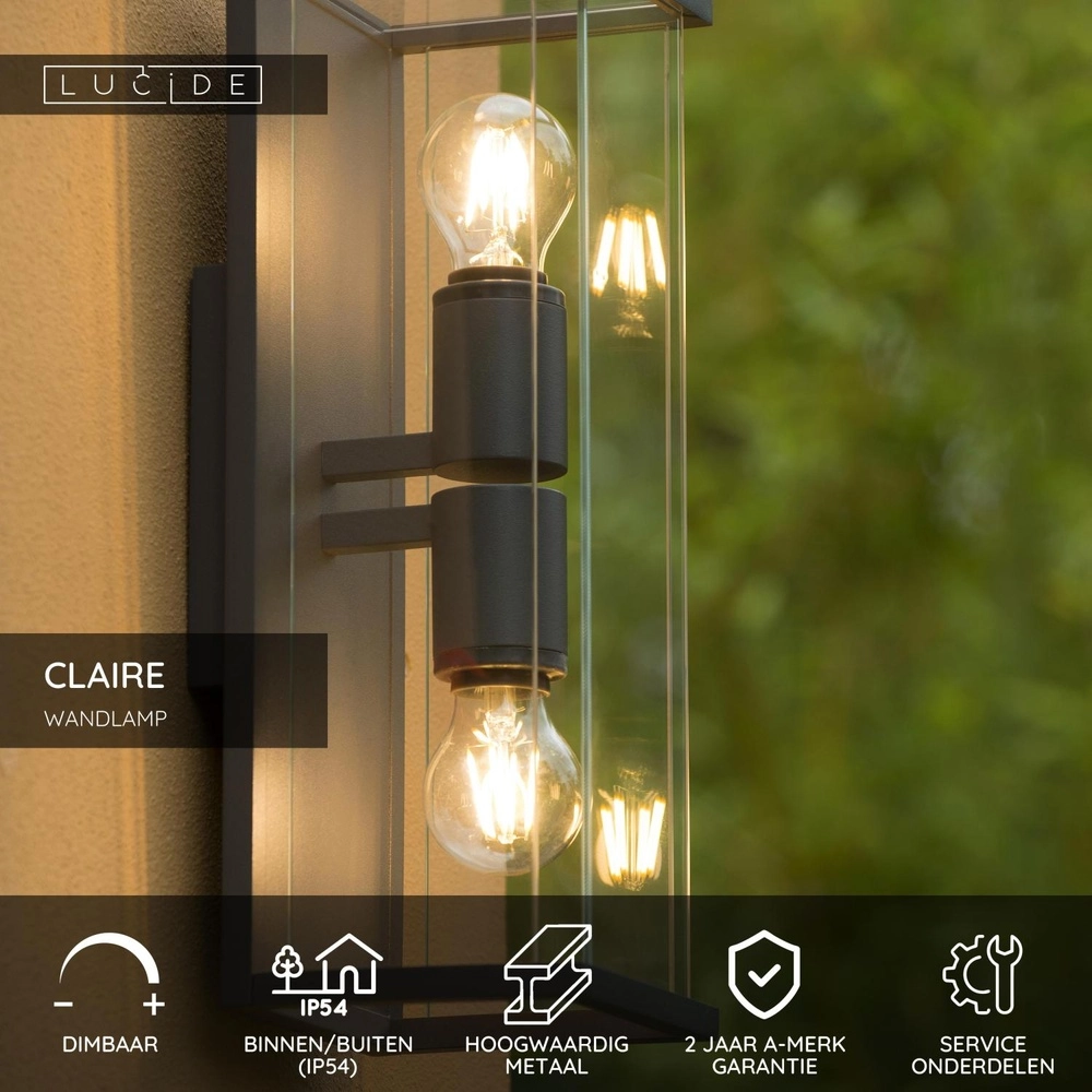 Sleek wall lamp Claire double anthracite Lucide 5411212271495
