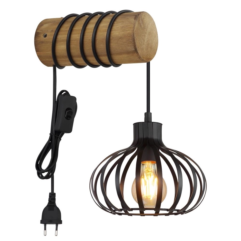 Country wall lamp Caldwell black with wood Globo 9007371592586