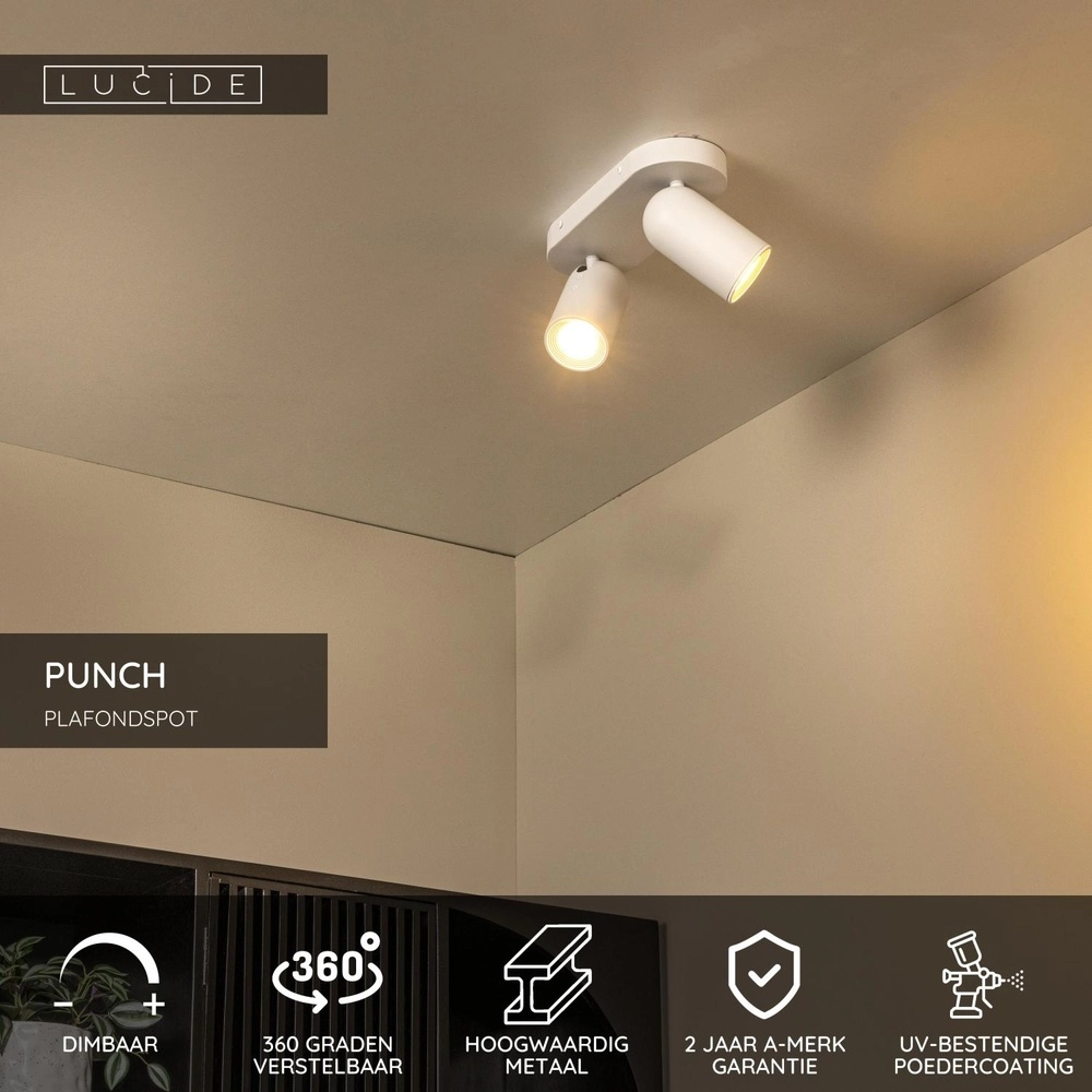 Ceiling spotlight Punch 2-light white Lucide 5411212134455