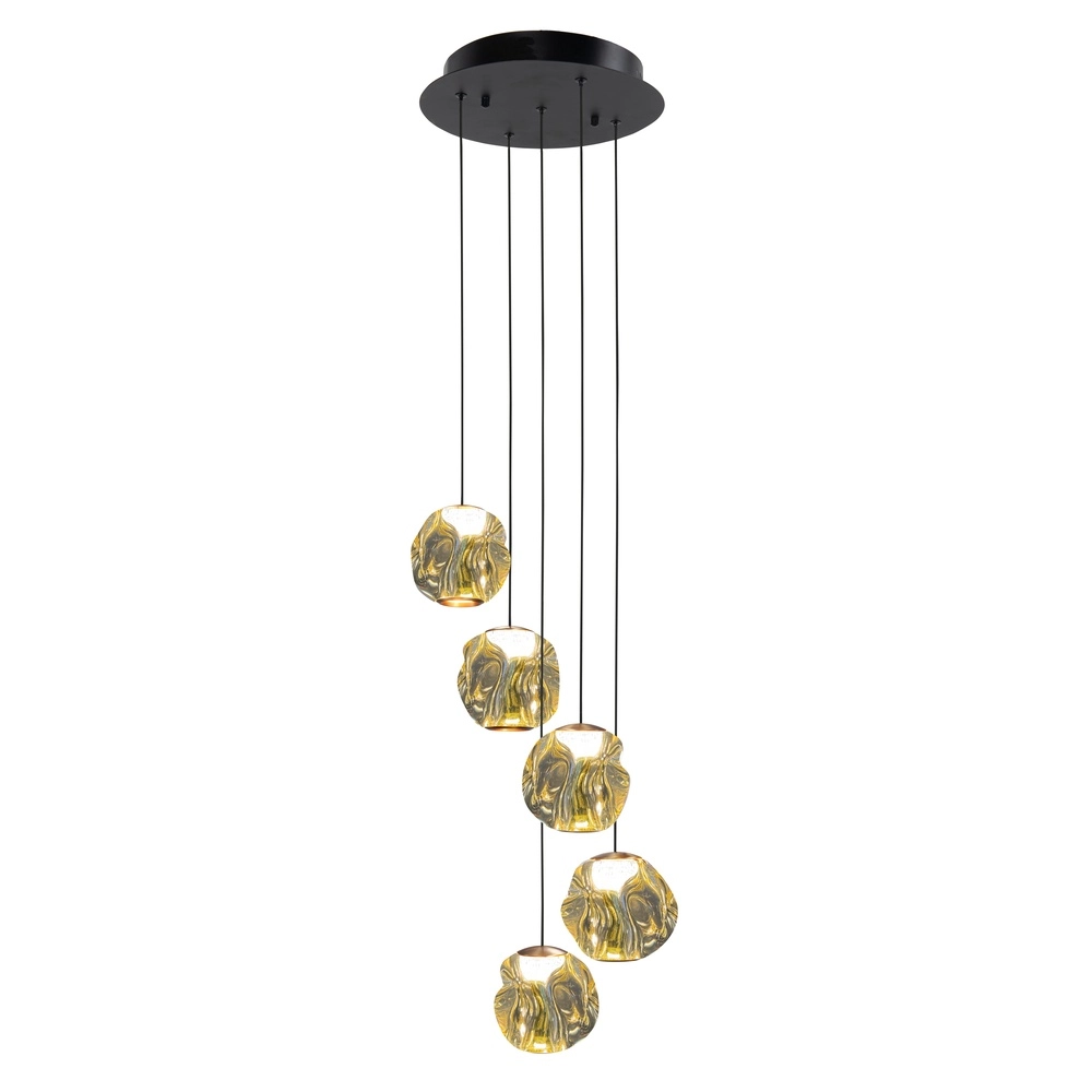 Pendant lamp Melina black with amber glass 5-lights
