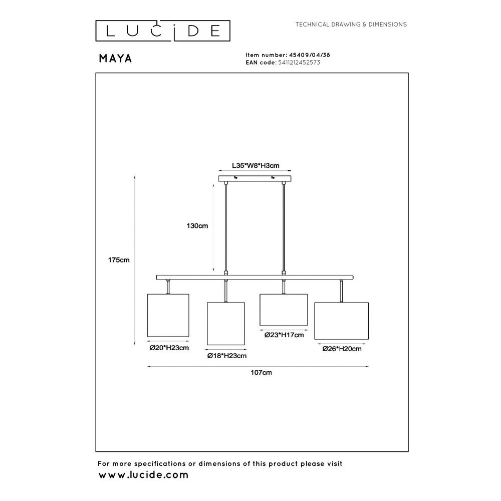 4-light pendant lamp Maya cream Lucide 5411212452573
