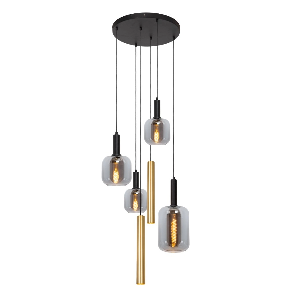 4-light pendant lamp Joanet Ø 65cm gold with smoke glass
