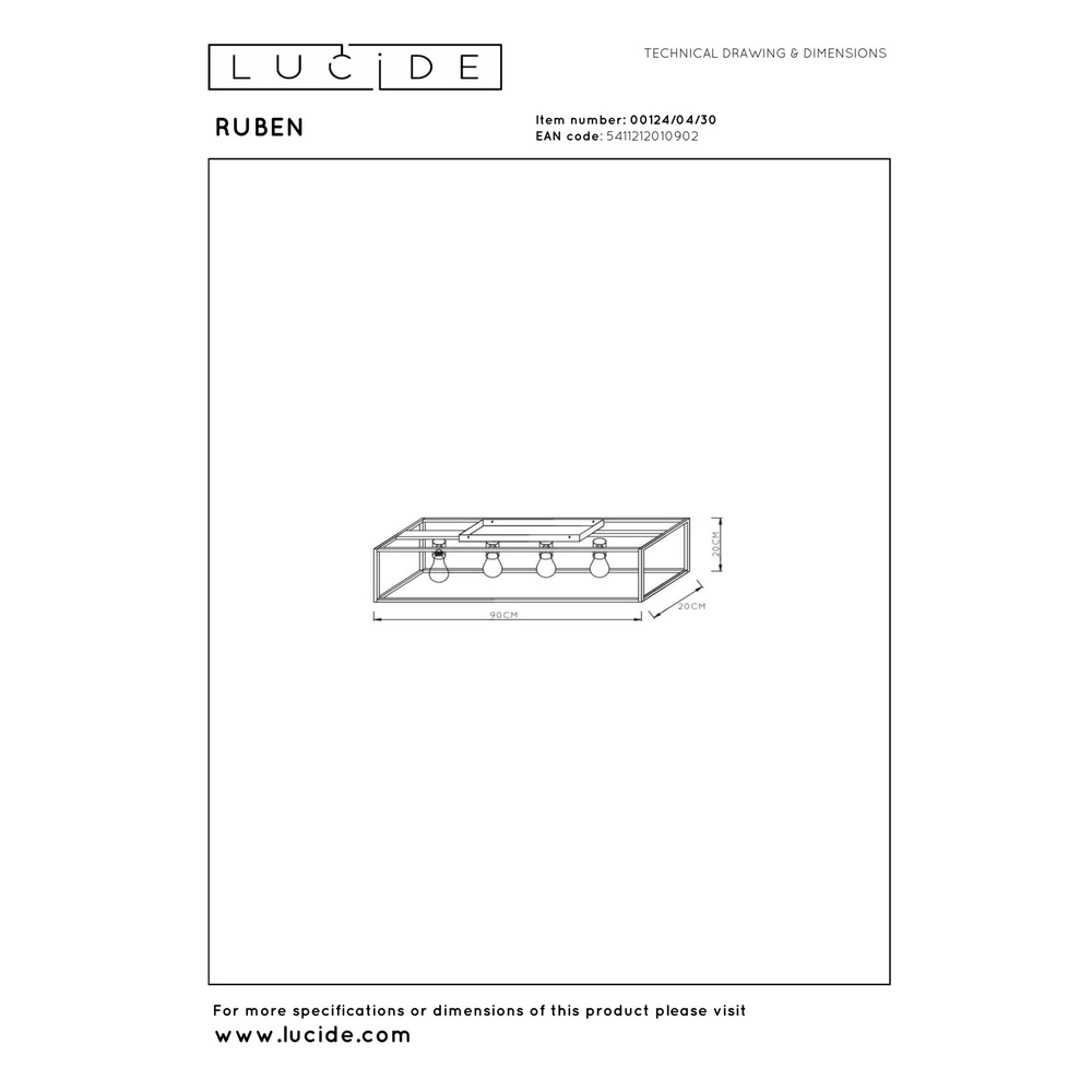 Ceiling lamp Ruben black 80cm rectangle Lucide 5411212010902