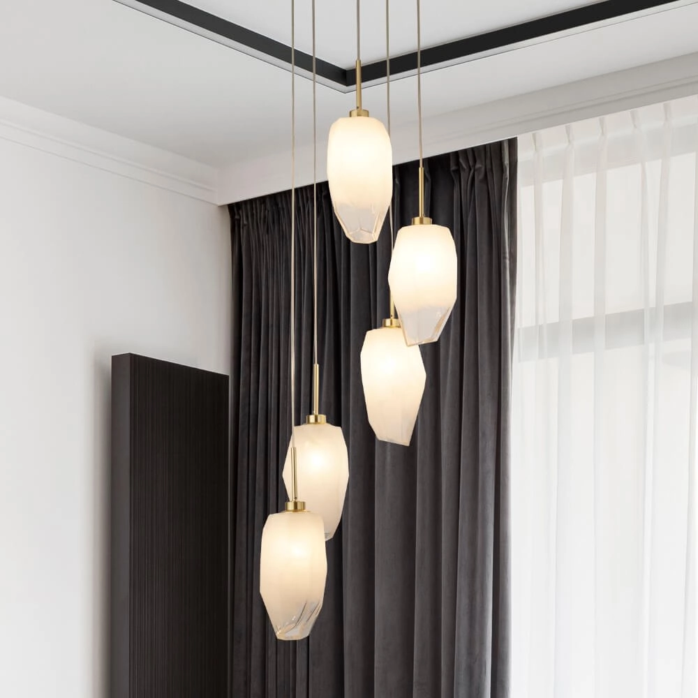 5-light vide pendant lamp Rocky with white glass Searchlight 5053423264233