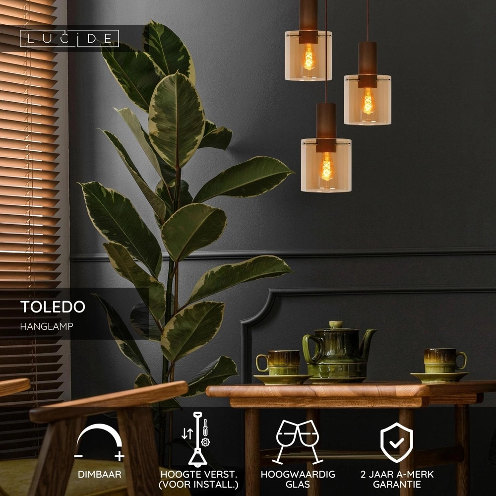 Pendant lamp Toledo Amber glass 3-lights Lucide 5411212740861