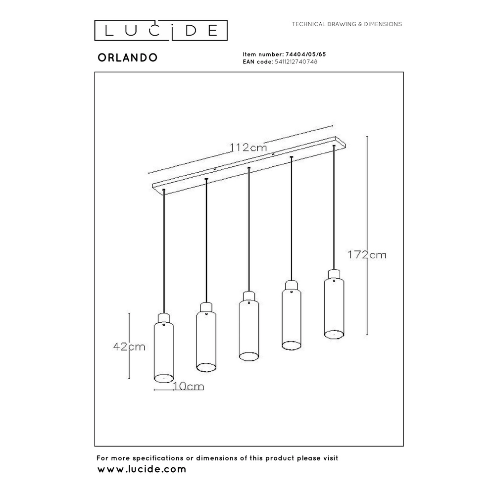 5-light pendant lamp Orlando smoke glass Lucide 5411212740748