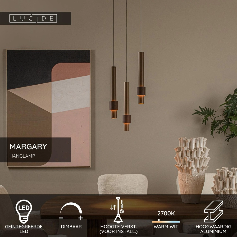 Sleek pendant lamp Margary 3-light coffee brown Lucide 5411212903969