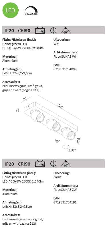 LED ceiling spot Laguna 3 lights Artdelight 8719831734191