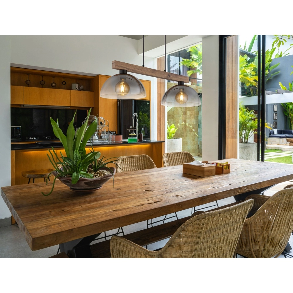 Country Pendant Lamp Romy 2-light black with wood Globo 9007371583355