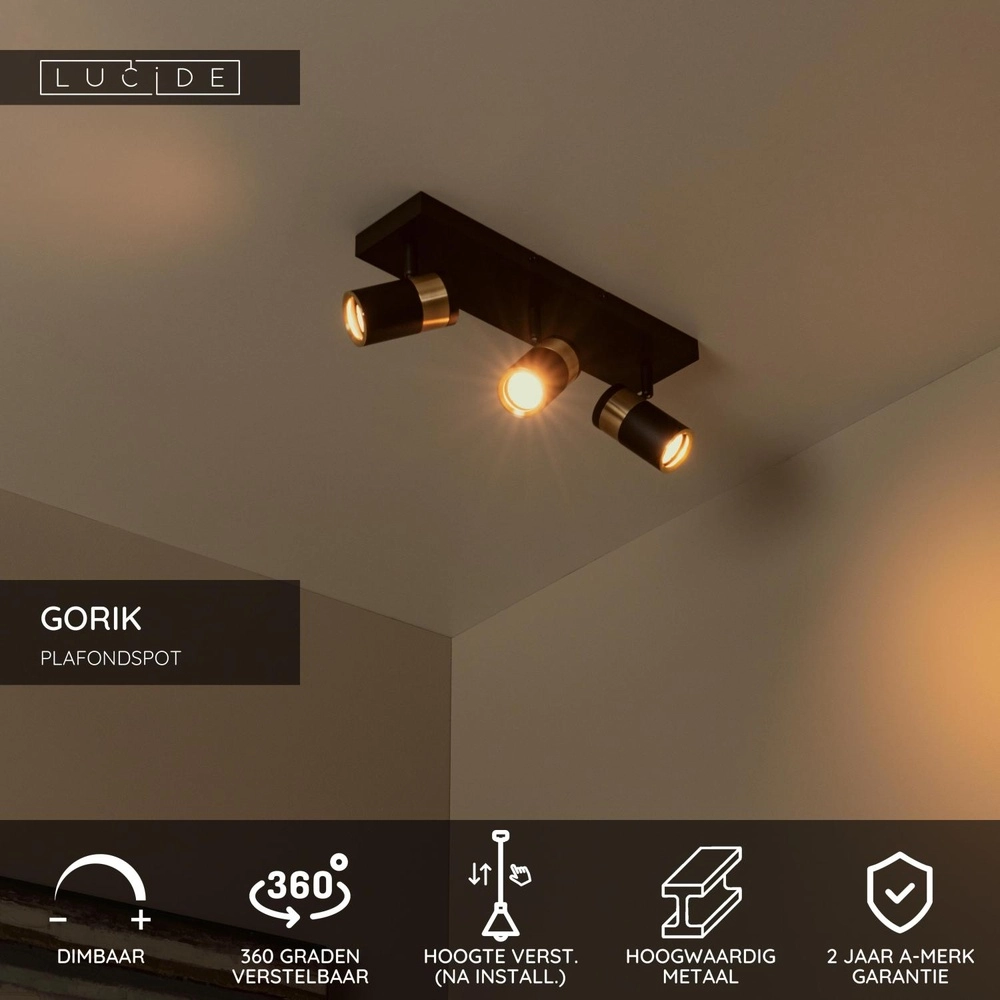 Ceiling lamp Gorik 3-light black with gold Lucide 5411212530998