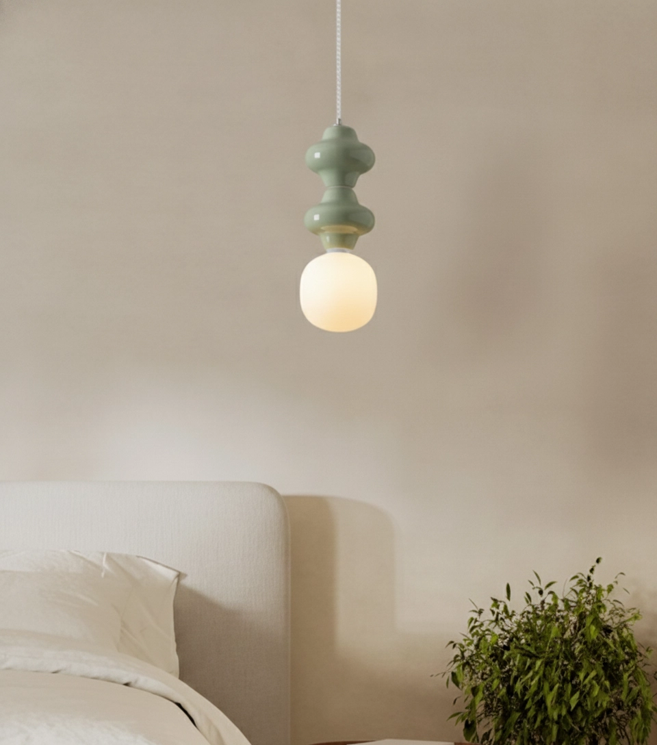 Pendant lamp Clio M light green ceramic with white glass