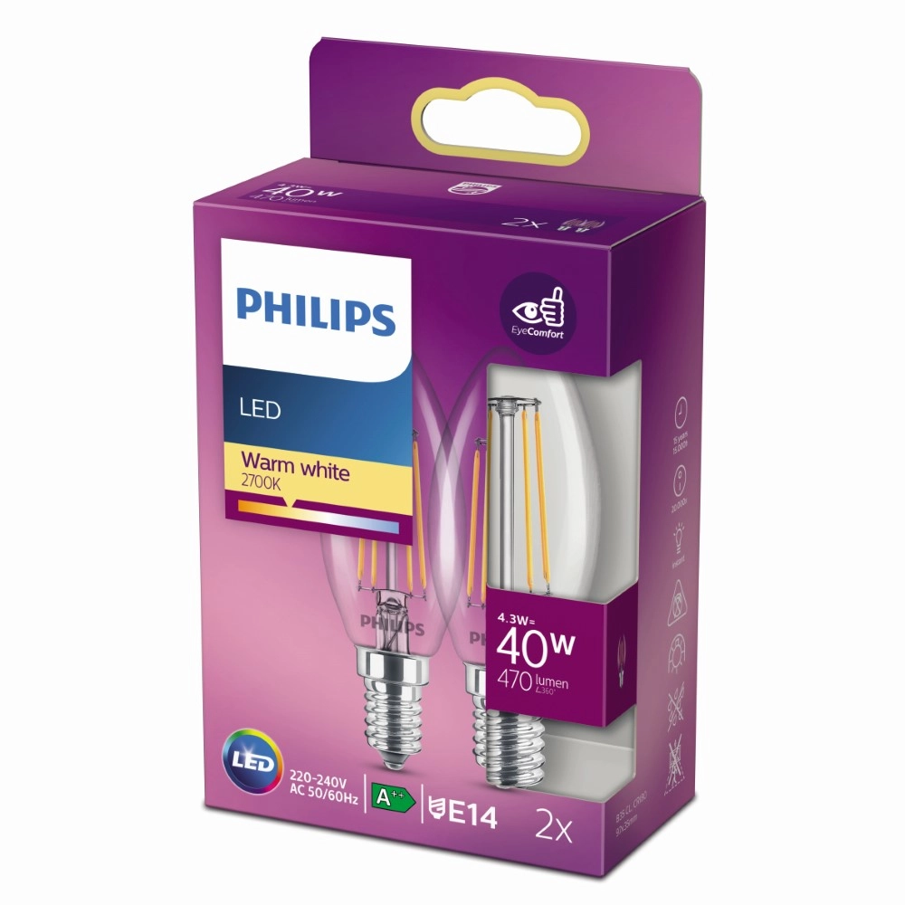 Light source candle 4,3W - E14 - 2700K - 470 lumen set with 2pcs