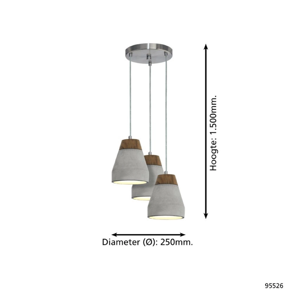 Pendant lamp Tarega 3-light concrete gray with wood Eglo 9002759955267