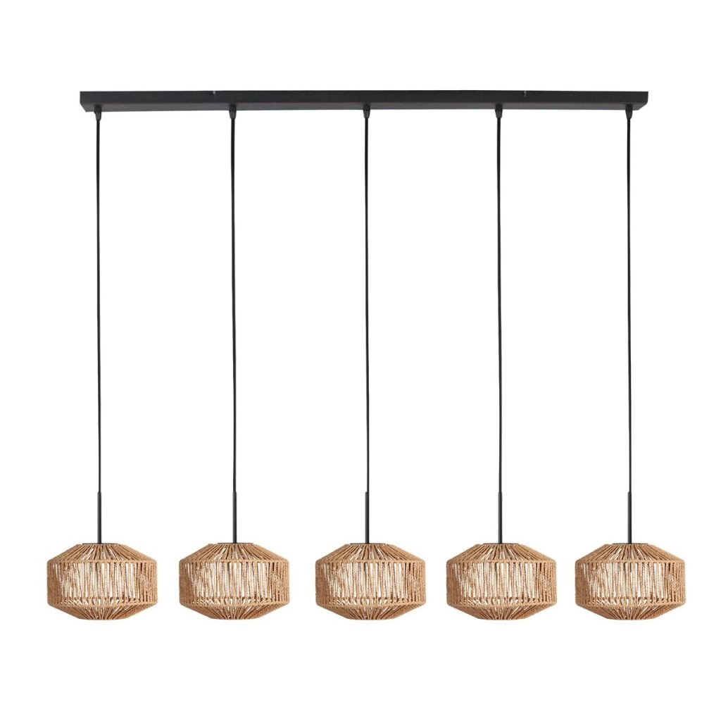 5-light pendant lamp straight Ropex with rattan hoods