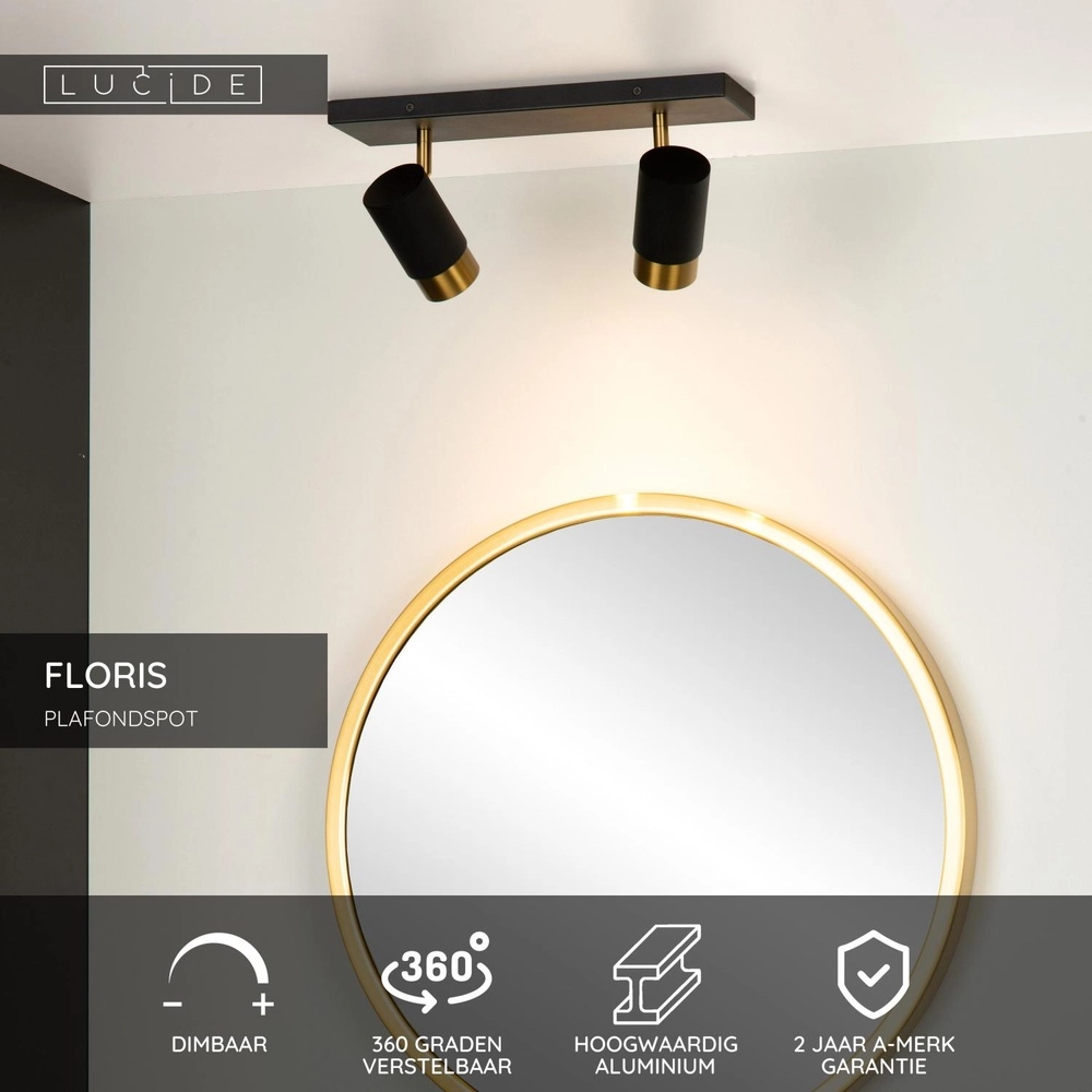 Ceiling spotlight Floris Double Black Lucide 5411212351784