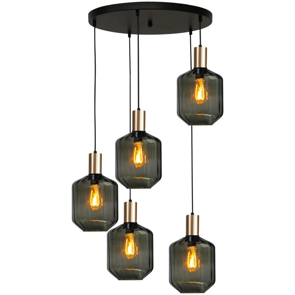5-light loft hanging lamp - gold - Porto with Jagger green lenses