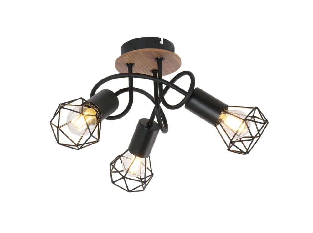 Ceiling light Xara I black with wood 3-light