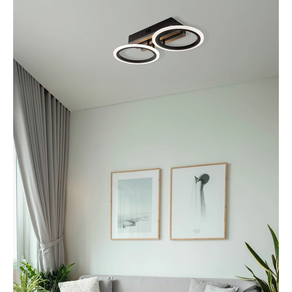 Ceiling lamp Blevins black with wood 2 rings Globo 9007371572168