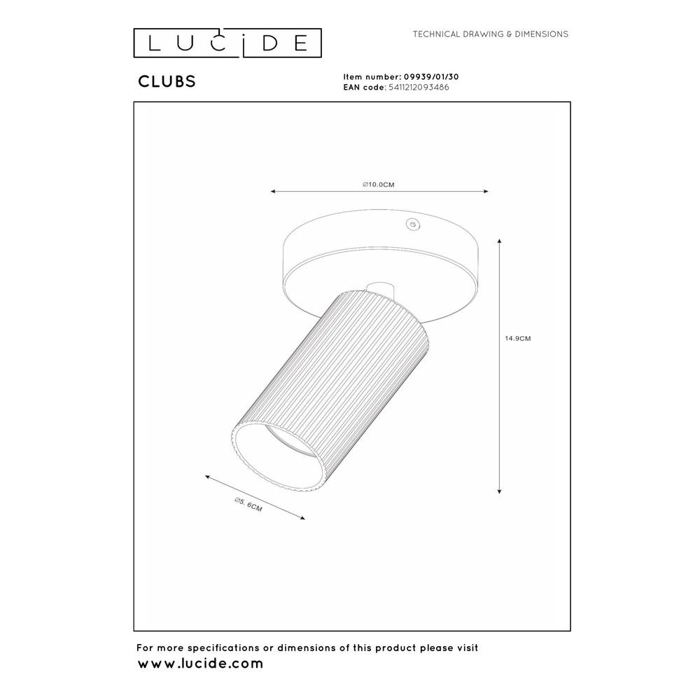 Surface-mounted ceiling spot Clubs Black Lucide 5411212093486