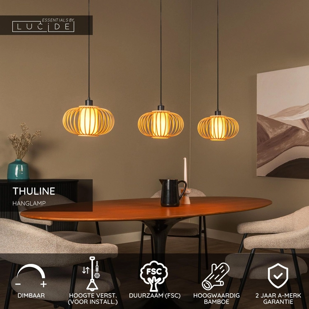 Pendant lamp Thuline 3-light wood look Lucide 5411212051790