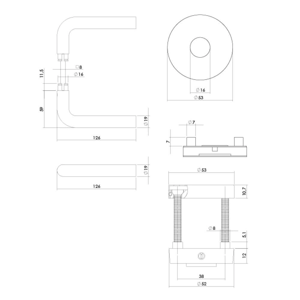 Rear door hardware set Luzern round stainless steel tumbled Intersteel 8714186697092