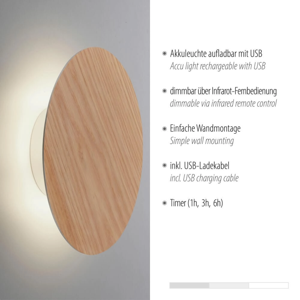Design wall lamp Akku Puntua Ø 25cm wood Paul Neuhaus 4012248375792