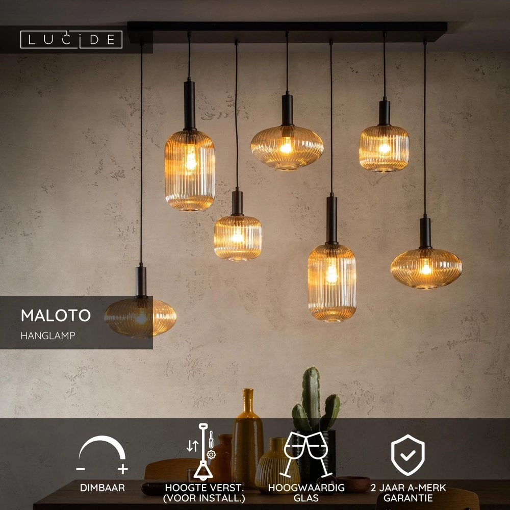 Pendant lamp Maloto 7-lights with amber glass Lucide 5411212451569