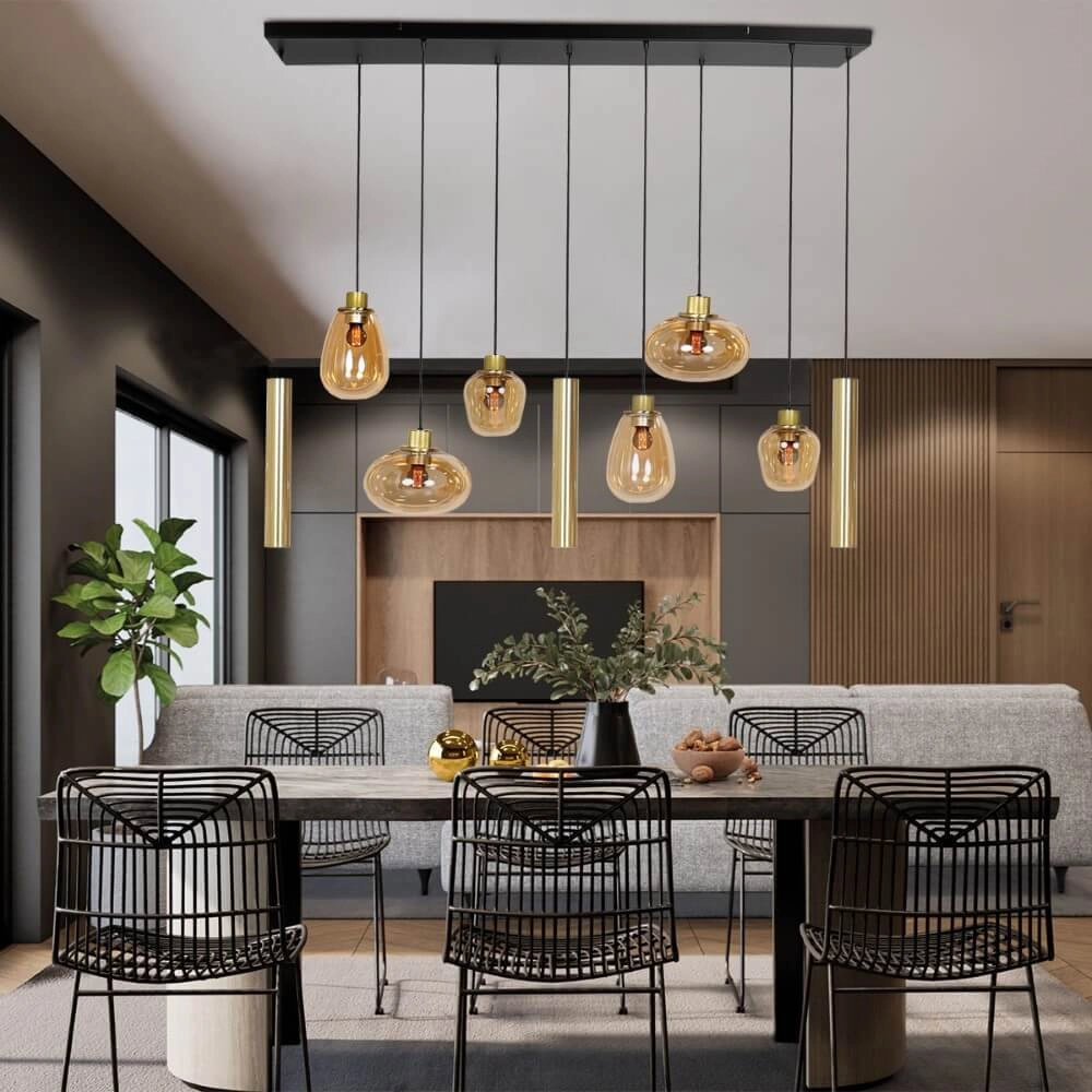 Dining table hanging lamp Reflexion gold with amber glass Steinhauer 8712746172966