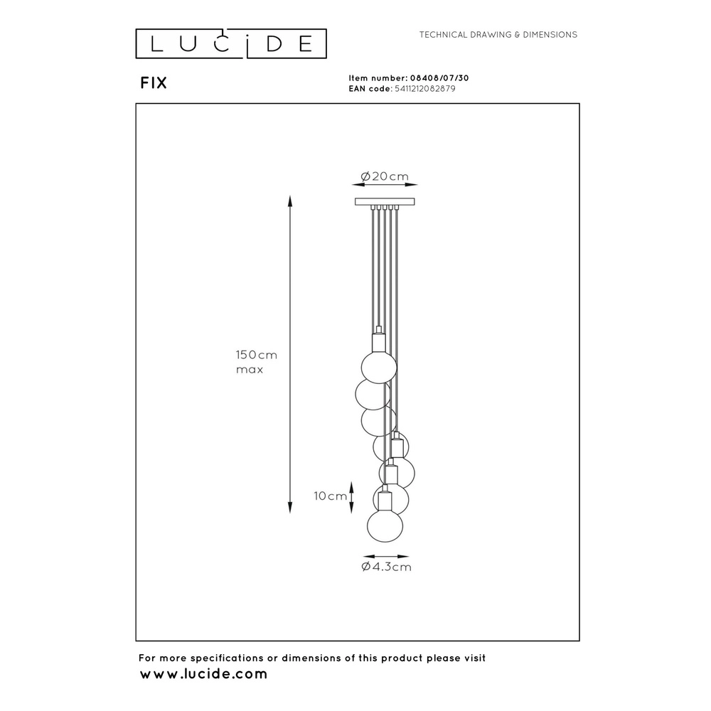 7-light pendant lamp Fix Black Lucide 5411212082879