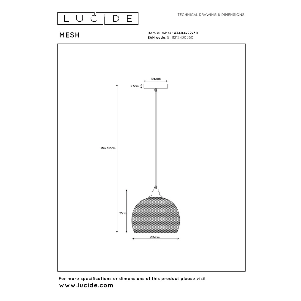 Mesh pendant lamp Mesh Ø 22cm black Lucide 5411212430380