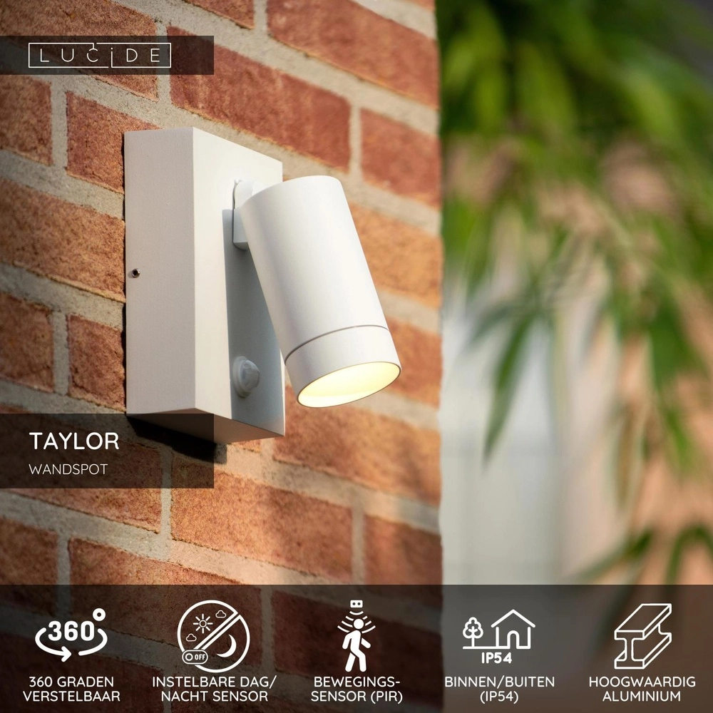 Wall spotlight Taylor IP54 with sensor white Lucide 5411212092700