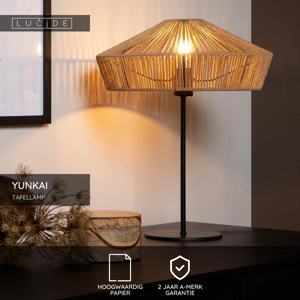 Table lamp Yunkai Ø 40cm black with rattan Lucide 5411212105721