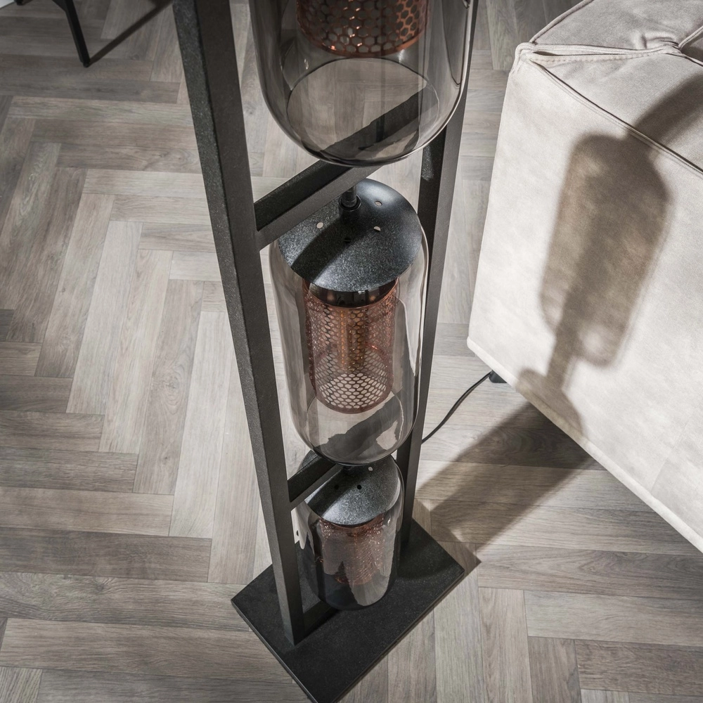 Glass floor lamp Smoke 3x E27 - 158cm - black with copper Lyora 8716803512153