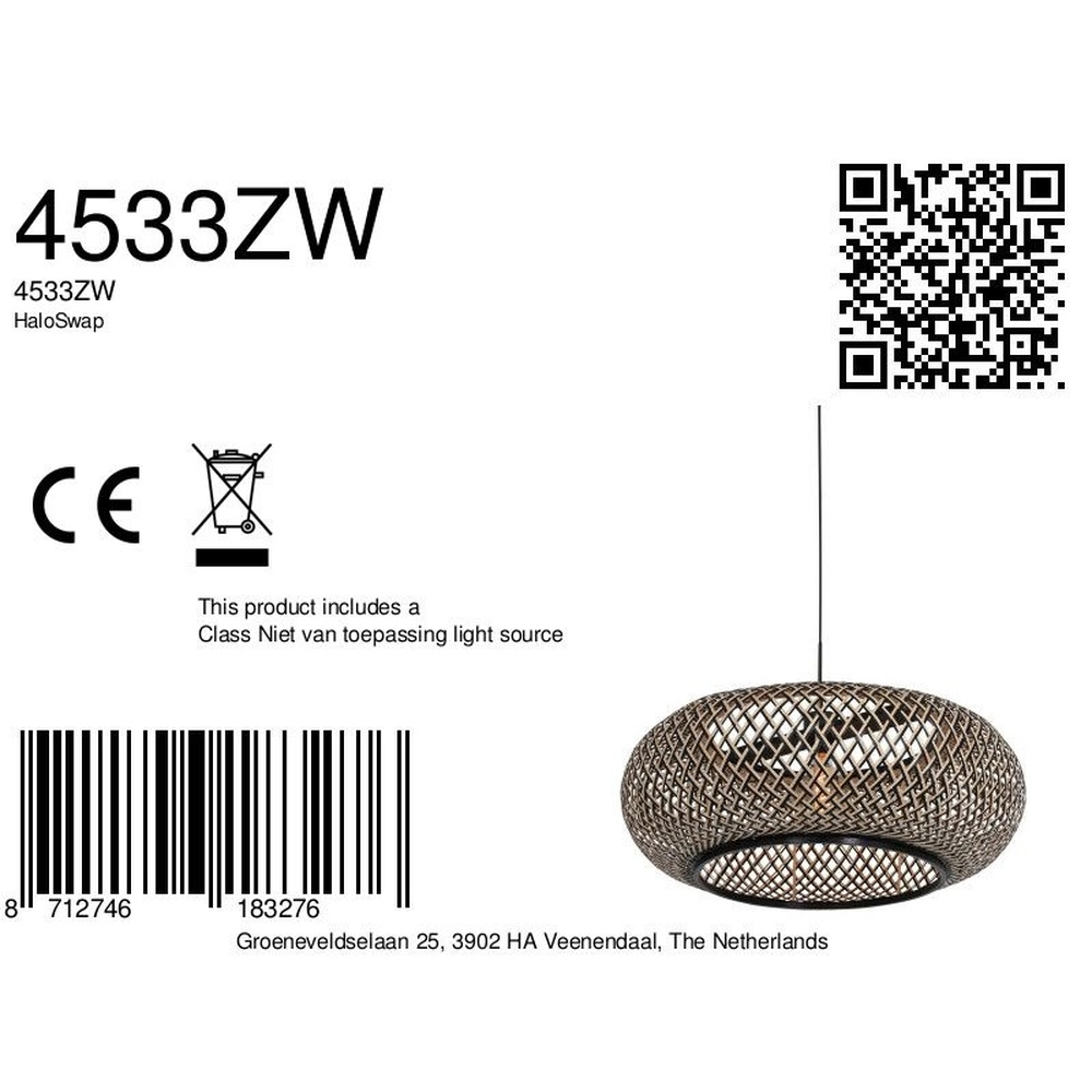 Pendant lamp HaloSwap Ø 60cm black and rattan Steinhauer 8712746183276