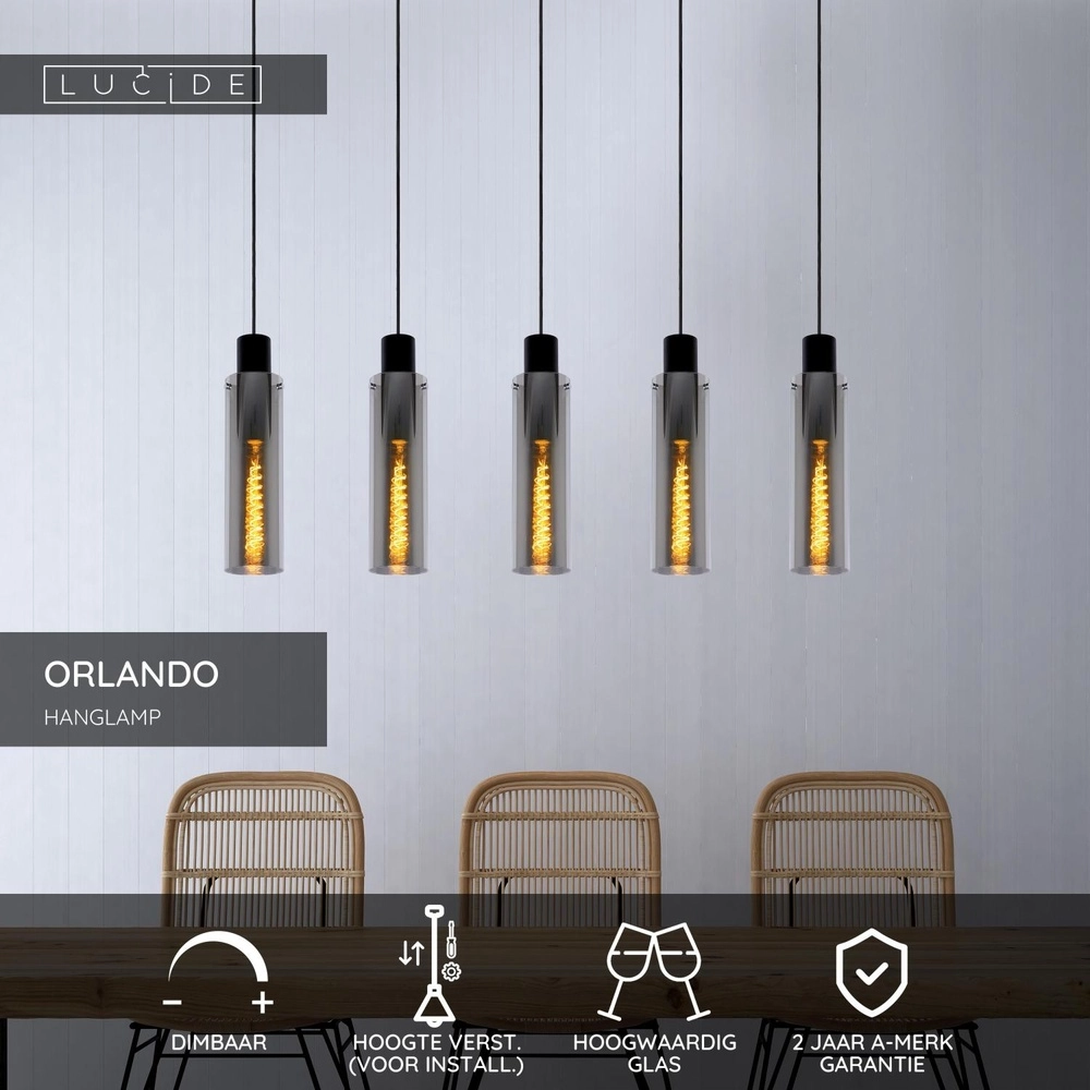 5-light pendant lamp Orlando smoke glass Lucide 5411212740748