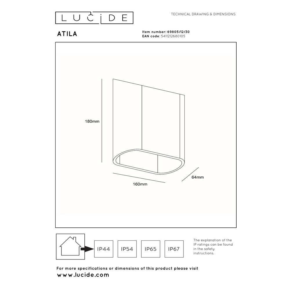 Design wall lamp Atila up and down black IP65 Lucide 5411212680105