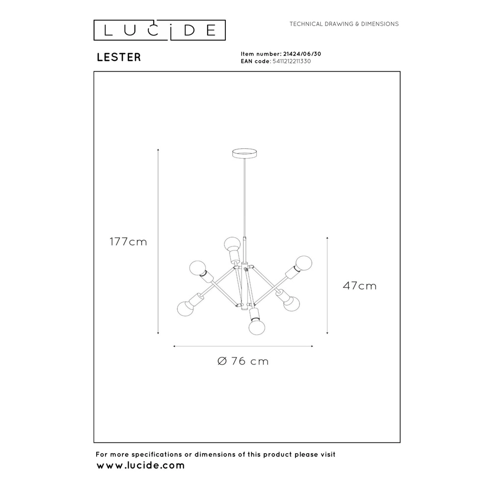 Pendant lamp Lester black 6-lights Lucide 5411212211330
