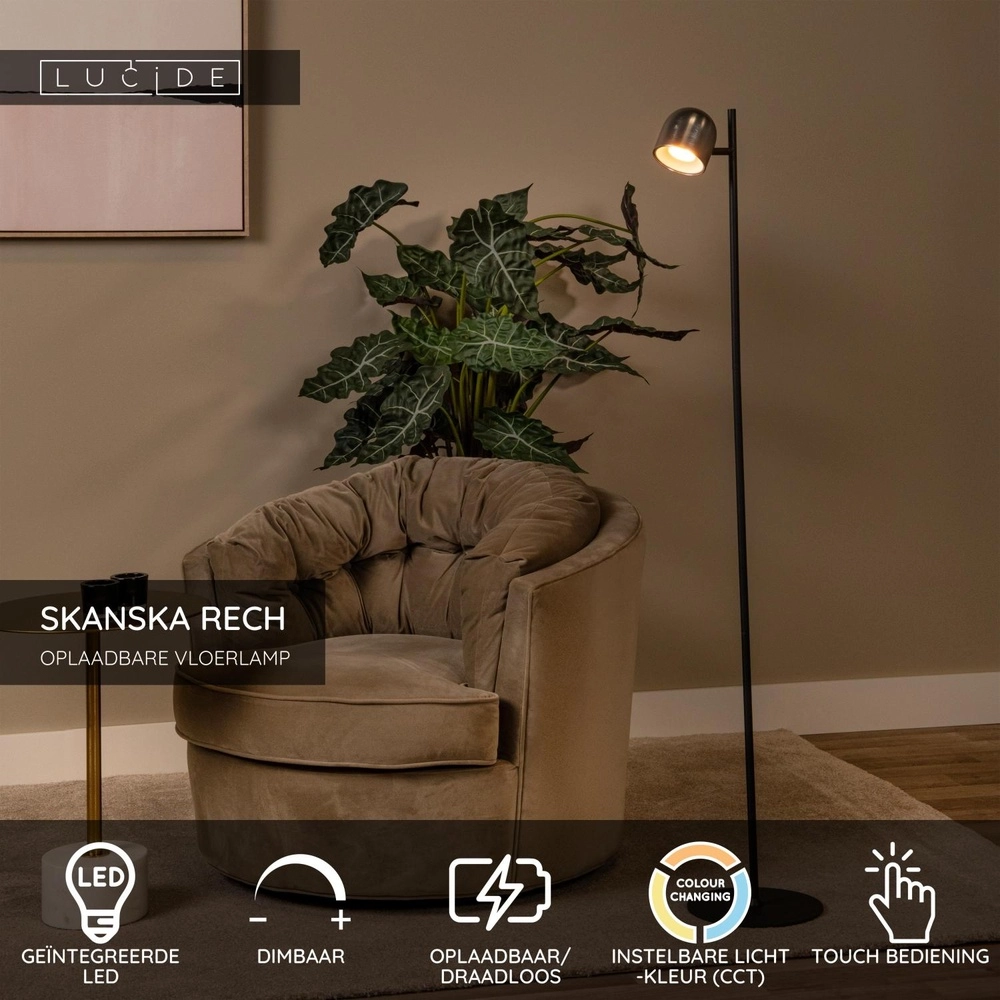 Rechargeable floor lamp Skanska Rech metallic grey Lucide 5411212032157