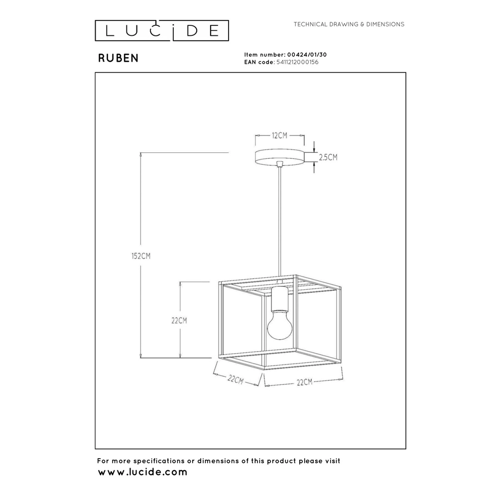 Pendant lamp Ruben Black Lucide 5411212000156