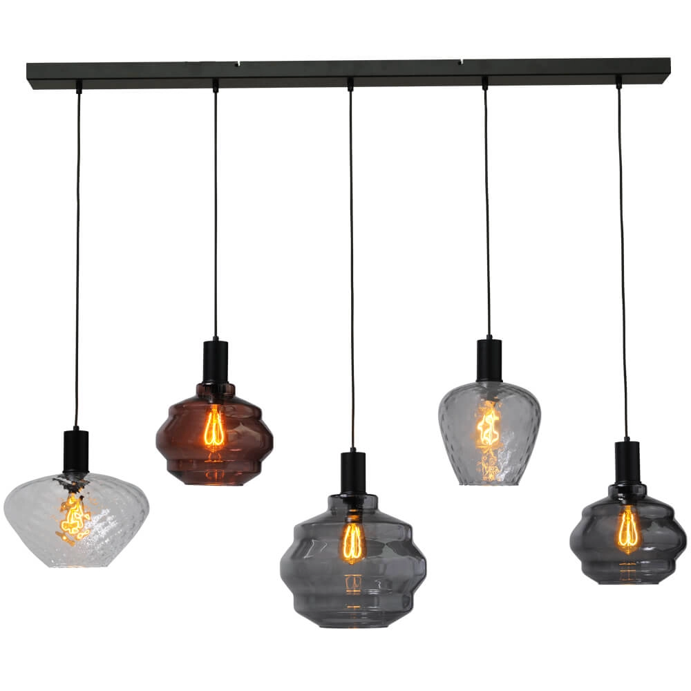 5-light hanging lamp - black - Porto with different glasses