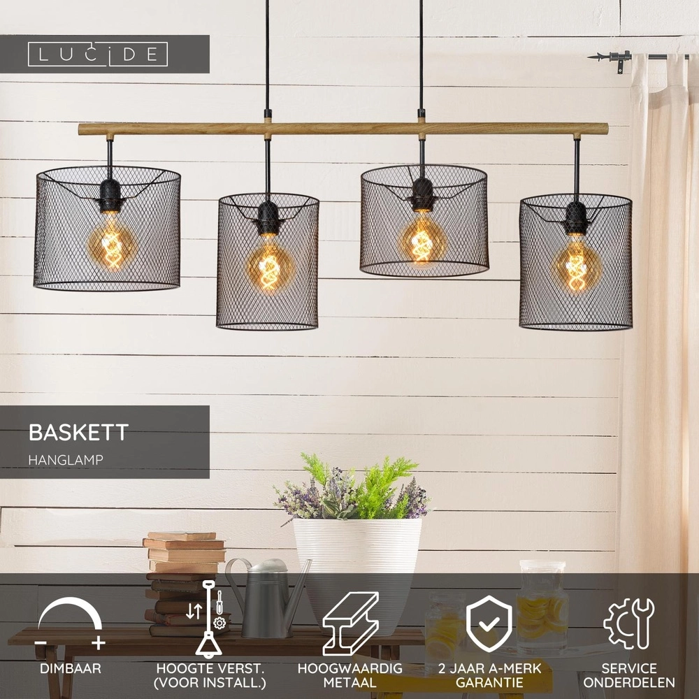 4-light pendant lamp Baskett black with wood Lucide 5411212450531