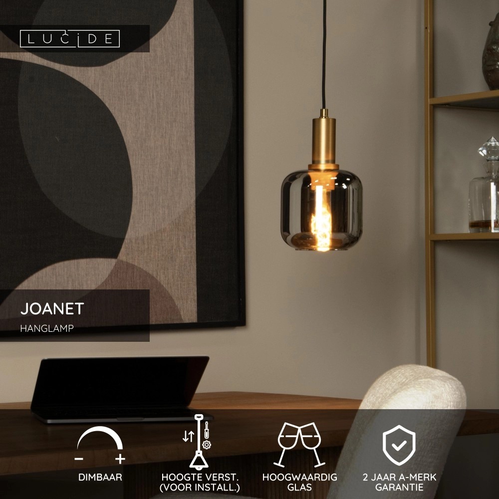 Pendant lamp Joanet Ø 16cm gold with smoke glass Lucide 5411212452641