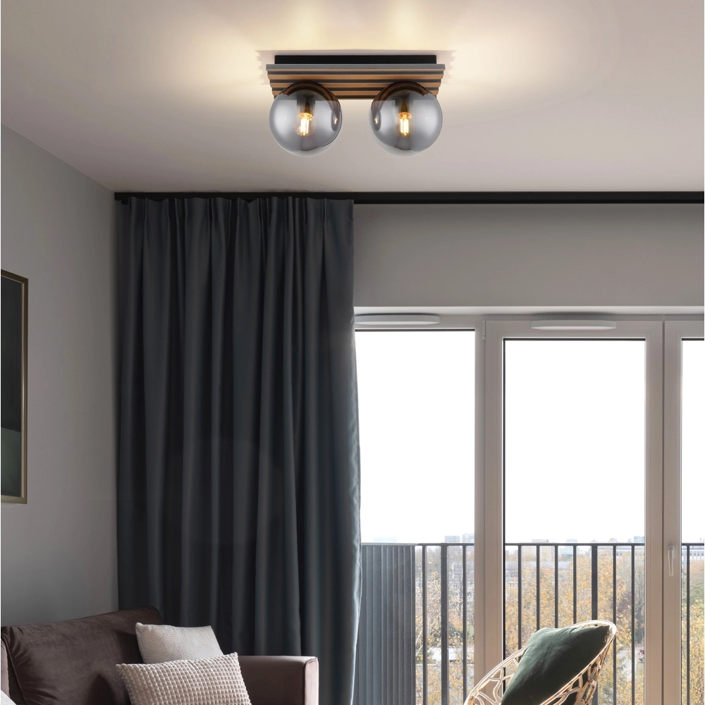 Ceiling lamp Parsons 2-light black with wood Globo 9007371579099