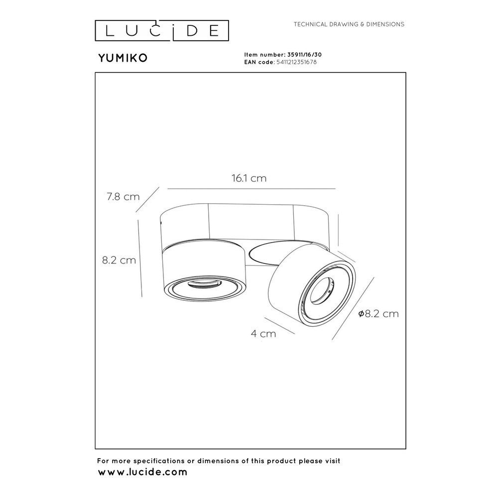 Ceiling spotlight Yumiko Double Black Lucide 5411212351678