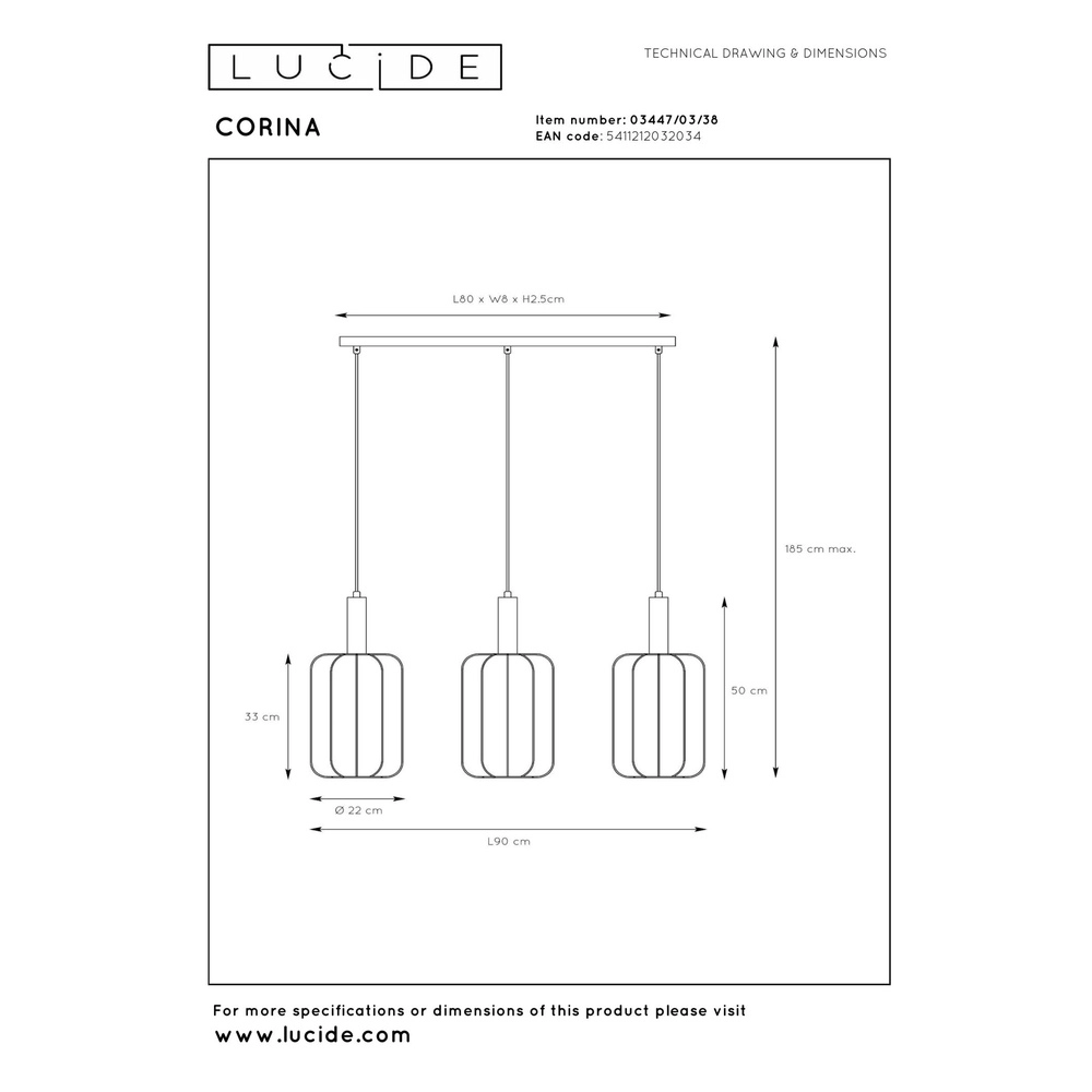 Pendant lamp 3-lights Corina sand brown Lucide 5411212032034