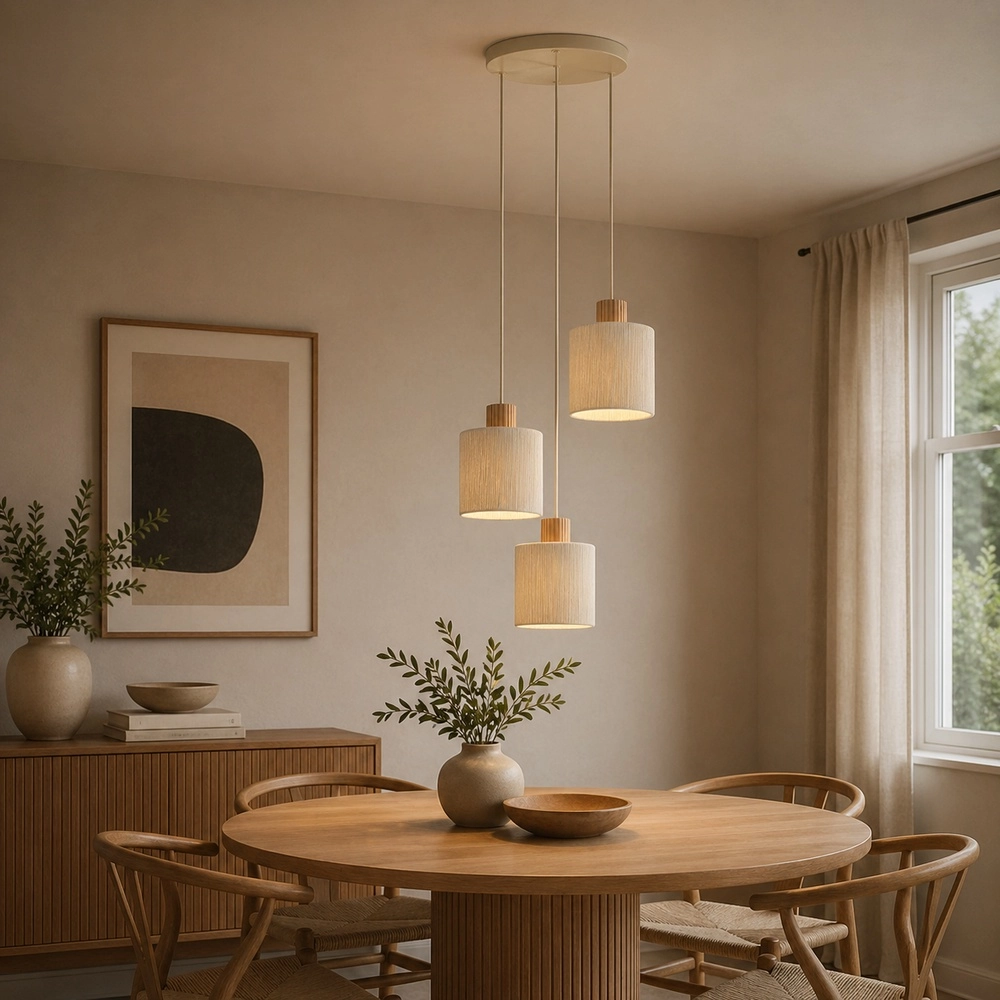 Beige pendant lamp Arlo with wood japandi Ø 40cm 3-lights
