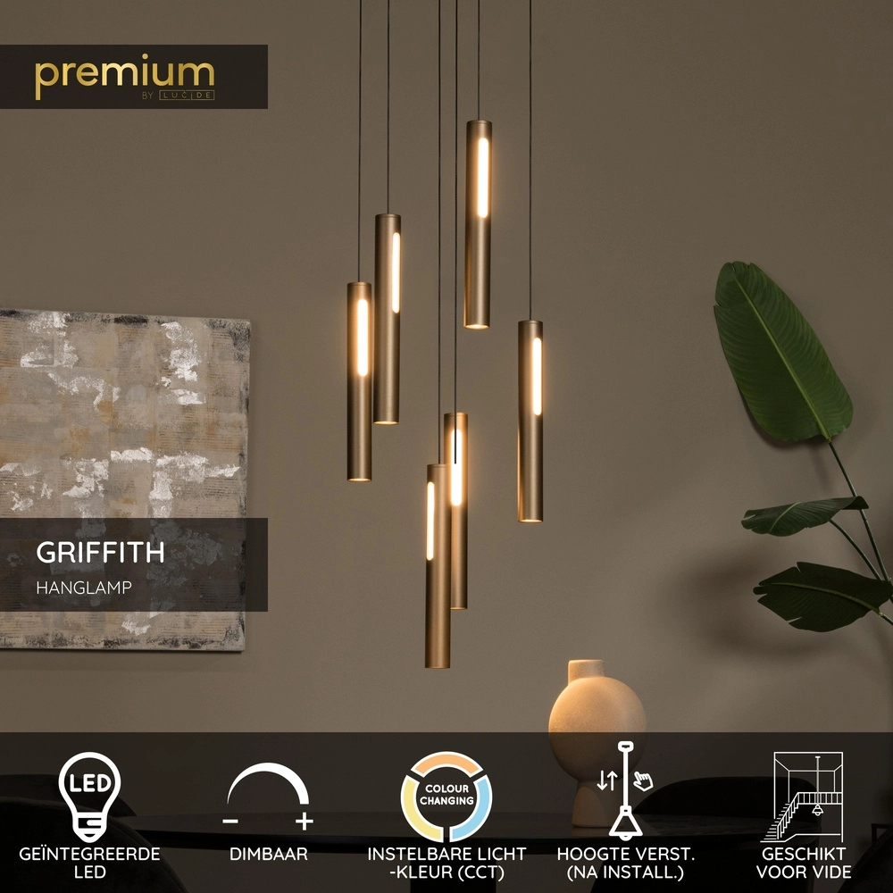 Design pendant lamp Griffith 6-light bronze Premium by Lucide 5411212241948