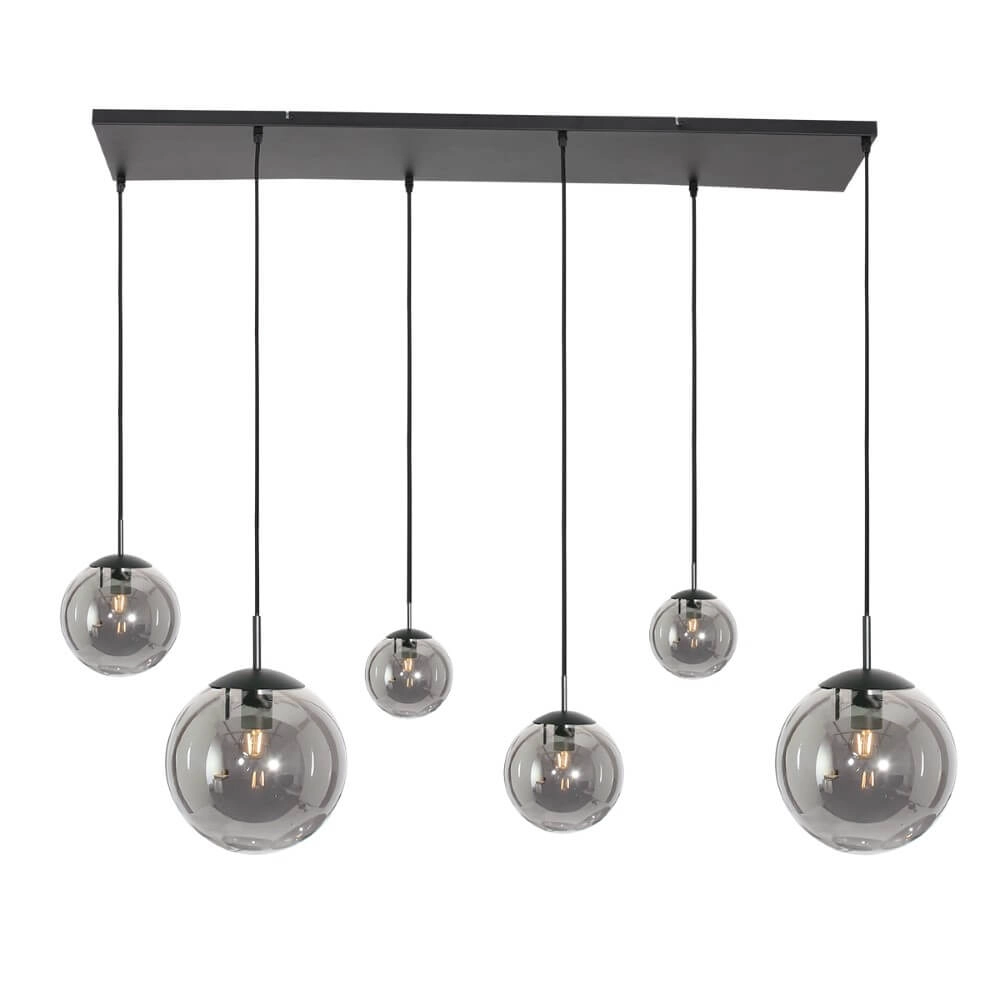 6-light glass hanging lamp Bolique black with smoke glass