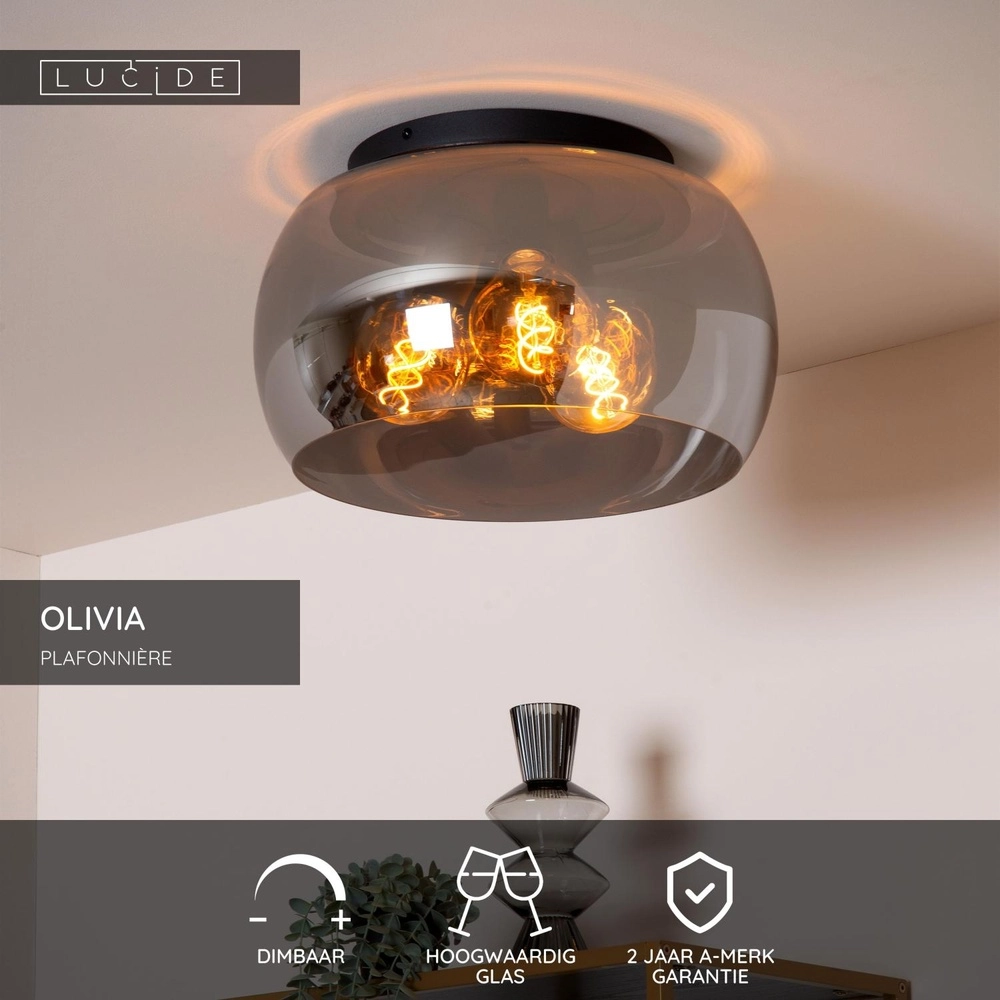 Ceiling lamp Olivia Ø 40cm black with smoke glass Lucide 5411212452085
