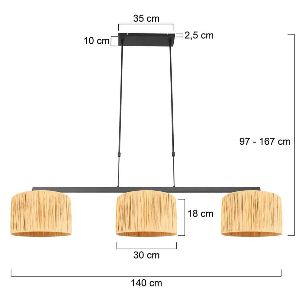 3-light pendant lamp Stang black with straw color hoods Steinhauer 8712746172430